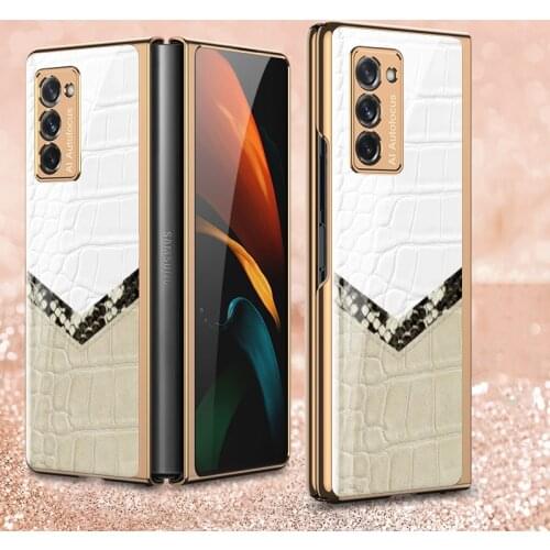 Plating Tempered Glass Case For Samsung Galaxy Z Fold 2 5G Fold2 Case Leather Pattern Full Protection Shockproof Foldable Cover