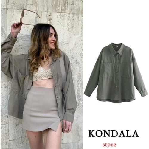 KONDALA 2021 New Za Women Oversized Distressed Button Shirt Coat Office Lady Vintage Shirt Jacket Button Elegant Mujer Blusas