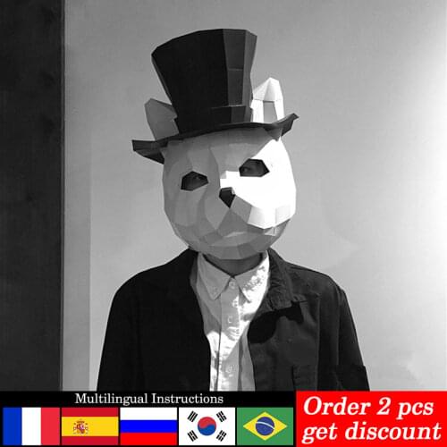Cat In A Hat Gentleman Animal Adult Head Mask Paper Model,3D Low-poly Papercraft,Party Cosplay Prop,DIY Origami Craft Toy RTY028
