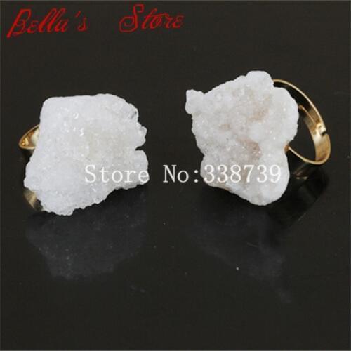 Beautiful White Titanium AB Quartz Druzy Ring Gold Color Bezel Adjustable Ring Quartz Finger Ring Gems Drusy Nature Ring