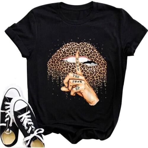 Summer Fashion Shirt Lips Leopard Graphic T Shirt Women Tops Base O-neck Black WhiteTees Kiss Leopard Lip Funny Girls Tshirt