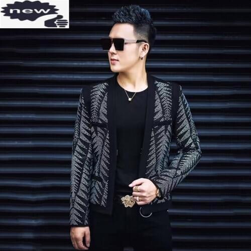 Punk Diamonds Bling Mens Night Show Wear Coats High Quality Long Sleeve Covered Button Slim Fit Big Size Male Cardigan Jackets