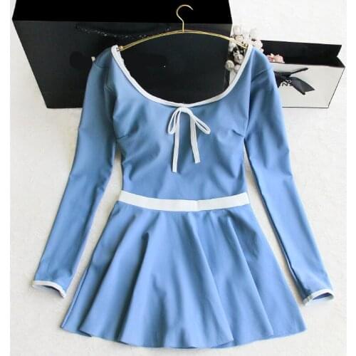 2021 New Women Long Sleeve One Piece Swimwear with Skirt Sexy High Waist Swimming Beach Wear Bathing Suit Female Solid Swimsuit