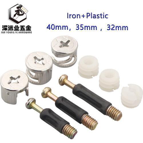 New Hot 10Sets Furniture Side Connecting 40mm 35mm 32mm Cam Fitting Dowel Pre-inserted Nut Furniture Hardware Fitting 3 in 1