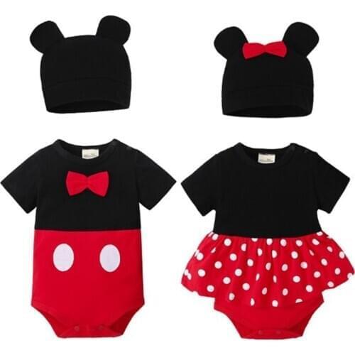 New lovely Bodysuits Sets For Baby boys Girls short Sleeved Body Infant Bebe Minnie Micky hat 2pcs/lots Brand Clothing