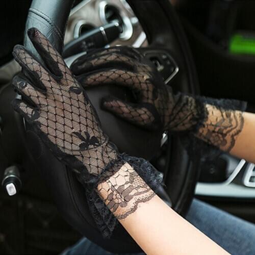 Thin Lace Bow Woman Gloves Full Finger Short Gloves Gothic Punk Black Mesh Gloves Sheer Tulle Driving Sunscreen Glove