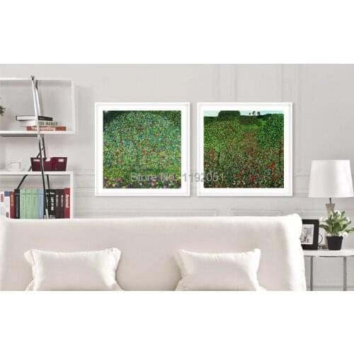 Landscape frameless paintings pastoral style canvas painting masterpiece reproduction Field of Poppies apple trees Gustav Klimt