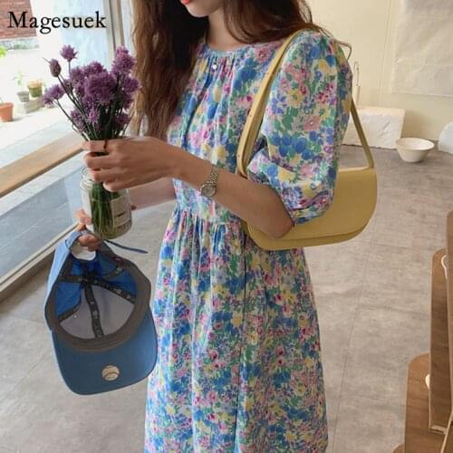 Chic Vintage Oil Print Floral Dress Summer 2021 Loose High Waist Long Dress Women Short Sleeve Elegant Casual Dresses Robe 14540