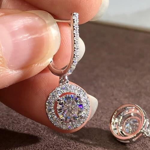 14K Au585 White Gold Women Stud Drop Hoop Clip Earrings Moissanite Diamonds Round Classic Wedding Party Engagement Anniversary