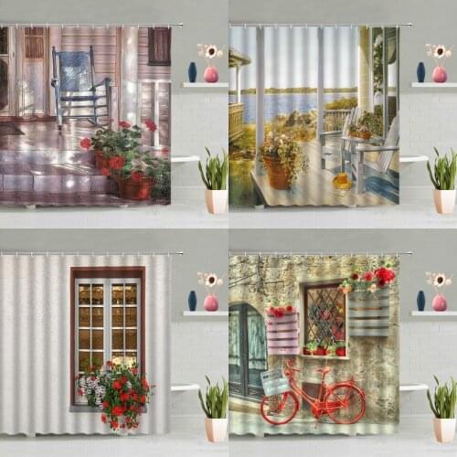 Retro Vintage Door Window Flower Shower Curtain Oil Painting Landscape Green Leaves Plants Bicycle Bathtub Decor Screen Washable