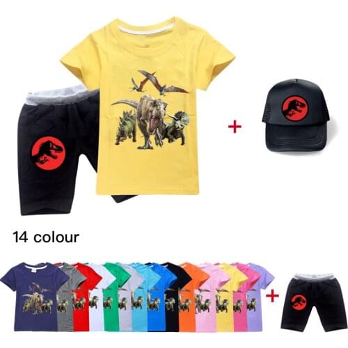2-16Y New Dinosaur Boys T-shirt Jurassic Park Cartoon Pullovers Leisure Fashion Children Kids Girls T-shirt+Pants+Cap Outfits