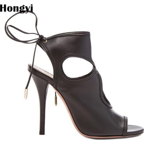 Roman Buckle strap Shoes Women Black Leather Sandals sexy Gladiator Lace up peep toe sandals high heels Woman Ankle boots