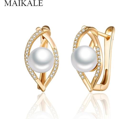MAIKALE Pearl Earrings for Women Cubic Zirconia Stud Earrings with Pearl Gold Silver Color CZ Jewelry Fashion Accessories Gifts