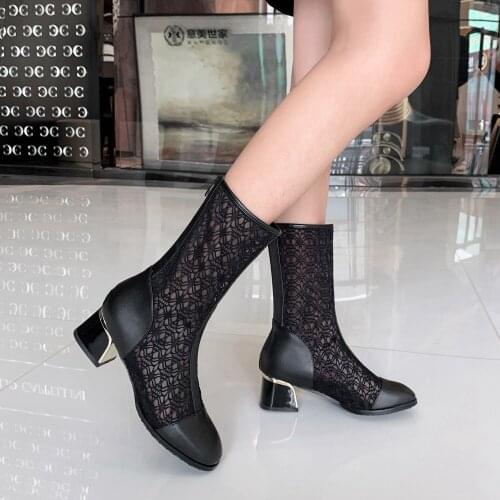 2021 Shoes Womens Summer Boots Mesh Shoes Sexy High Heels Hollow-out Rome Style zipper Net Shoes Size 33-43