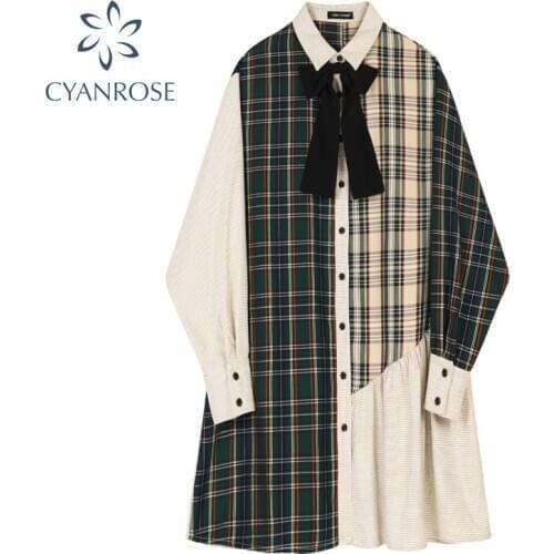 Long Sleeve Lapel Dress Women 2020 Spring Autumn Patchwork Japanese Casual Style Vintage Fashion Elegant Plaid Female Dress