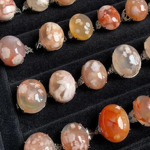 Natural cherry blossoms agate ring for women with 925 sterling silver rings jadeite jade rings jade jewelry 14mm