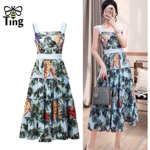Tingfly Summer Fashion Grape Fruit Floral High Waist Midi Long Dress Women Street Casual A Line Sundresses Plus Size Elbise Robe