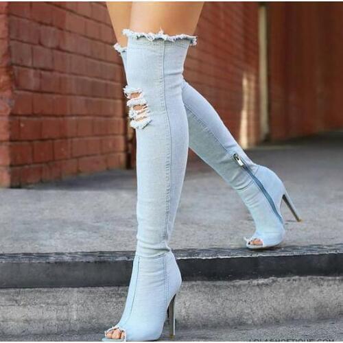 2017 New Fashion Blue Denim Women Over The Knee Boots Sexy Peep Toe Cutout Style Ladies High Heel Boots Spring Hot Female Boots