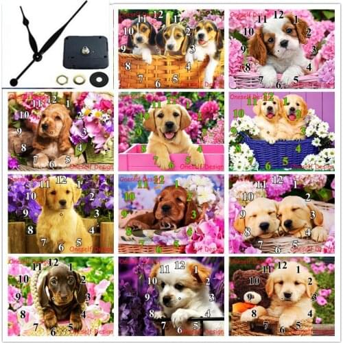 Cute dog 5d diamond painting with Mechanical clock 5d diamond embroidery clock diamond mosaic sale home decortion wall sticker