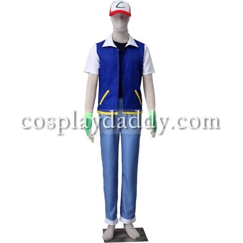 Ash Ketchum Summer Suit Halloween Adult Cosplay Costume Top+Vest+Pants+-Goves