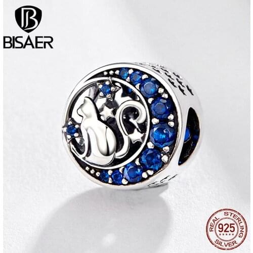 BISAER Pussy Beads 925 Sterling Silver Cat in Moon Charms Blue Moon Kitten Beads fit DIY Bracelets 925 Silver Jewelry ECC1204