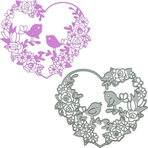 Large Size Cartoon Birds in Heart Shape Flower Patern Metal Cutting Dies Scrapbooking Stencil For Scrapbook Clipart Decorating