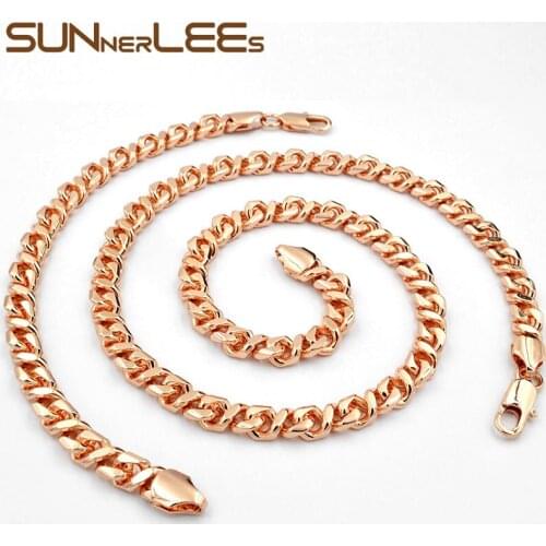 SUNNERLEES Fashion Jewelry Rose Gold Color Necklace Bracelet Set 7mm Smooth Curb Cuban "8" Link Chain For Mens Womens Gift C20 S