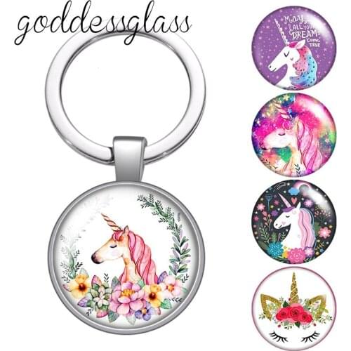 Flowers Unicorn Lovely Moonlight Horse magical glass cabochon keychain Bag Car key chain Ring Holder Charms keychains for Gifts