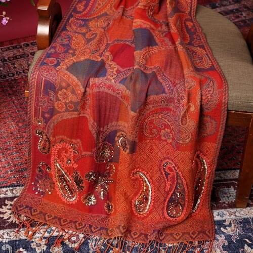 India Nepal ethnic style wool scarf shawl beaded cashew flower dual-use female Tibet Qinghai travel to keep warm Wool scarf