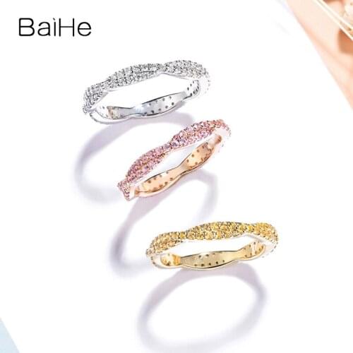 BAIHE Solid 14K White/Yellow/Rose Gold Diamond/Yellow Sapphire/Pink Sapphire Wedding Band Trendy Fine Jewelry Guard Ring Women