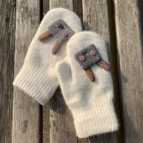 Korean Fashion Female Rabbit Fur Plus Velvet Thicken Students Winter Cycling Warm Mitten Cute Cartoon Rabbit Wool Knit Glove H12