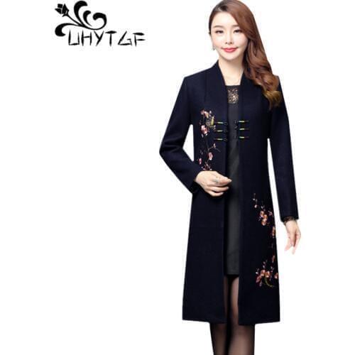 UHYTGF Spring Autumn coat female fashion embroidered temperament mother wool jacket Stand Collar Cardigan 5XL plus size coat 640