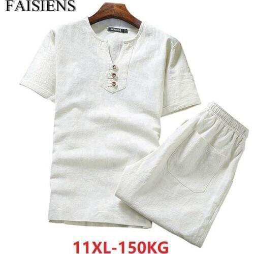 FAISIENS Plus Size Big 9XL 10XL 11XL Summer Men Linen Short Sleeve T-Shirts And Shorts Male Cotton 8XL Japan Style V-Neck Tees