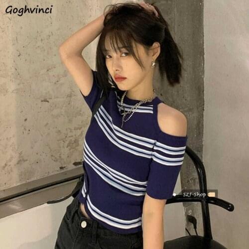 Summer Strapless Striped T-shirts Women Designs Hole Sexy Crop Tops Slim Short Sleeve Tees Student Ulzzang Casual Streetwear New
