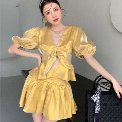 Fashion Ladies Shiny Sense Two Piece Set Women Summer Sweet Bowknot Puff Sleeve V-Neck Shirt Top A-Line Mini Skirt Suit