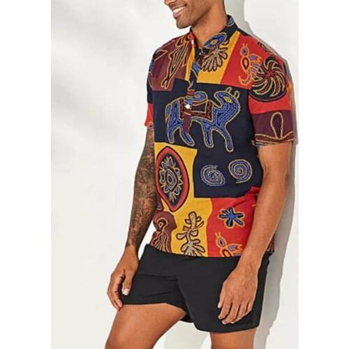 Short Sleeve Men Shirt Stand Collar Casual Retro Printing Ethnic Style Pullover Shirt Beachwear