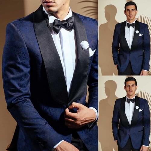 Navy Pattern Men Suits Wear Wedding Blazer Tuxedos Black Shawl Lapel Clothes for Groom Prom Coat Pants 2 Pieces