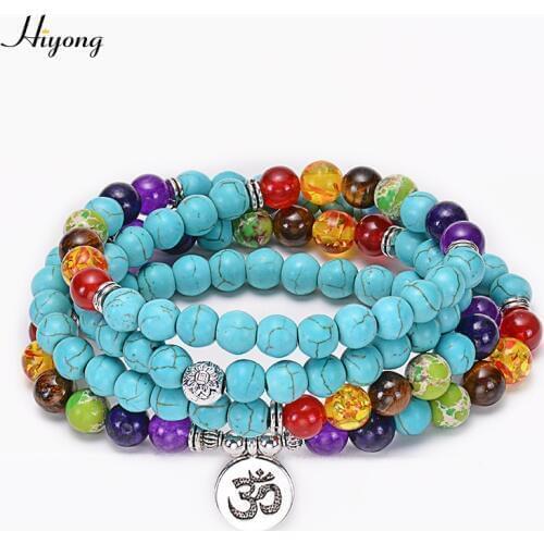 2019 New 7 Chakra 108 Mala Beads Wrap Bracelets or Necklace Turquoises Beads With Life Tree Lotus OM Buddha Charm Yoga Bracelet