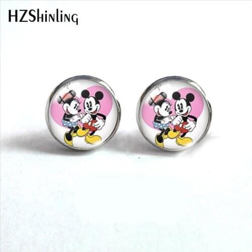 2021 New Fashion Cute Mickey and Minnie Mouse Glass Dome Round Earrings Handcraft Jewelry Kawaii Mice Stud Earrings for Kids