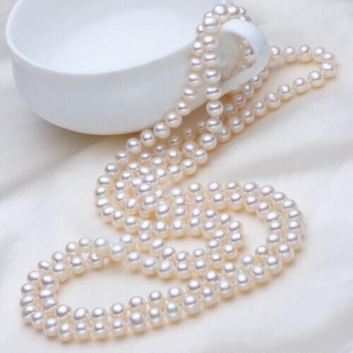 100% Genuine 7-8MM freshwater pearl necklace sweater chain bright long 65INCH multi layer gift
