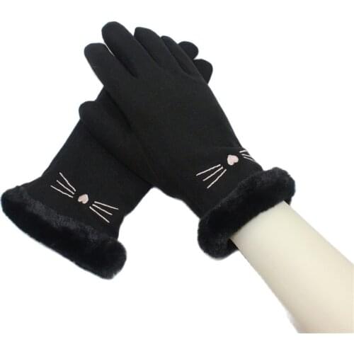 Lady Winter Autumn Thicken Velvet Warm Touch Screen Cat Embroidery Gloves for Women Retro Lovely Style Mittens Nice Hands N5