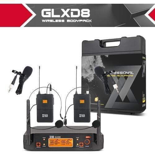 XTUGA GLXD8 Portable UHF Microphone System with carry case 2 Boydpack MIC BOX Cordless Wireless for Stage Church wedding