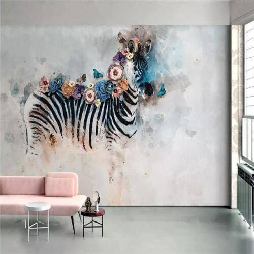 Hand painted watercolor zebra flower wall professional production mural wholesale wallpaper mural poster photo wall