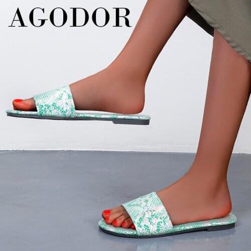 AGODOR Snake Print Slides Woman Shoes Flat Slippers Open Toe Casual Sandals Fashion Female Footwera Summer Green Large Size 43