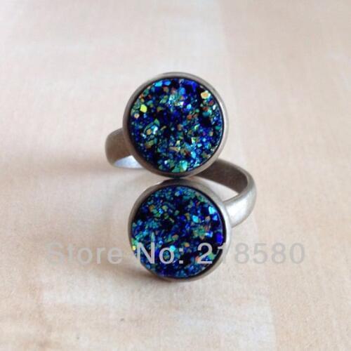 H-CR02 Midnight Blue Titanium Druzy Ring, Antique Bronze Bezel Ring,14 colors