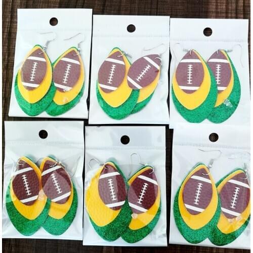 Three Layer Football 3D Glitters Sequins Faux Leather Teardrop Earrings Color Layered School Spirit Earrings Cheer Sport Jewelry