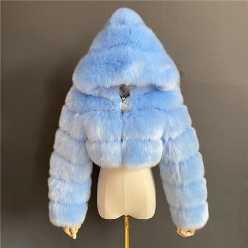 High Quality Cropped Fur Faux Fur Coats And Jackets Women Fluffy Top Coat With Hood Winter Fur Jacket Coat Female
