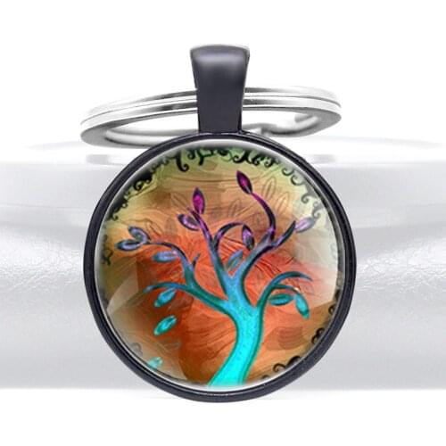 High Quality Tree of Life Glass Cabochon Keychain Charm Fashion Pendant Men Women key Ring Jewelry Accessories Gifts