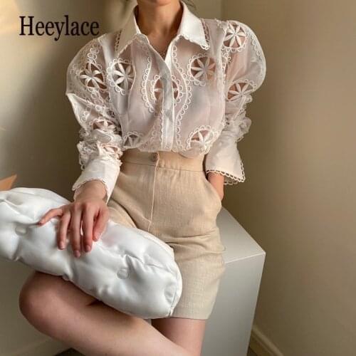Sexy Perspective White Organza Shirt Women Summer New High quality Lace Embroidery Hollow Long Sleeve Shirt&Blouse Female