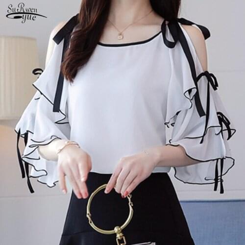 2021 Summer Tops Off Shoulder Top Women Tops and Blouses Ruffle Sleeve Women Shirts Black Dot Chiffon Women Blouse White 14766